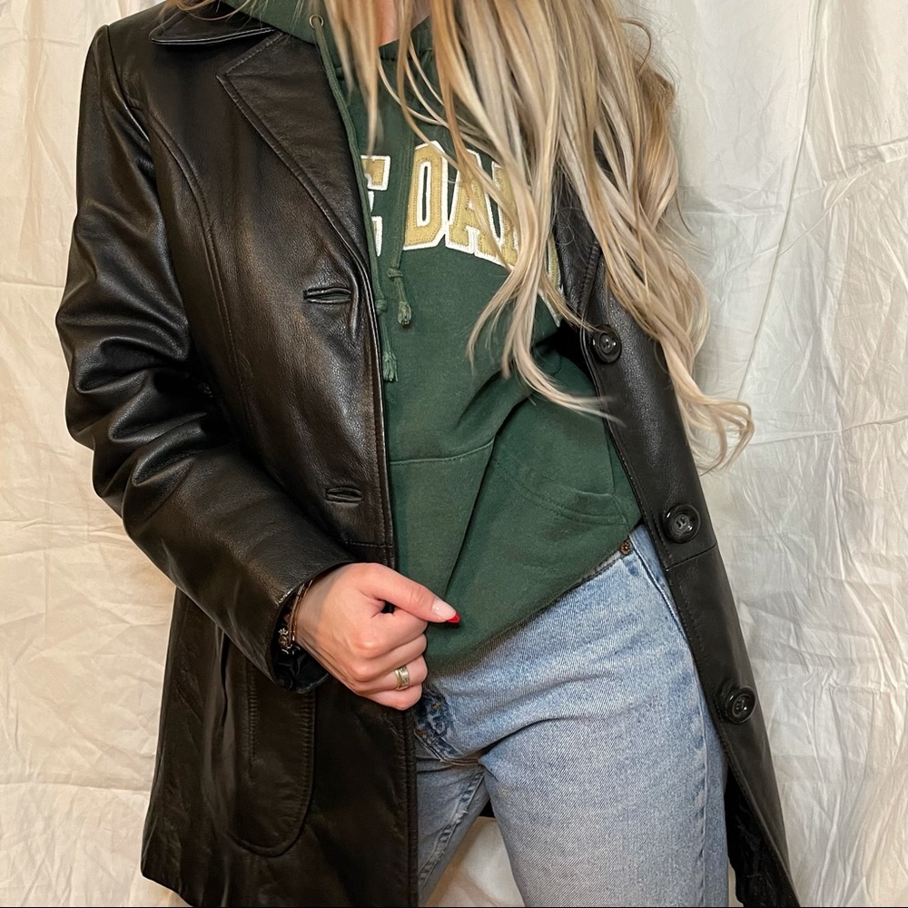 Black Leather Longline Jacket w/ Tie Waist Belt